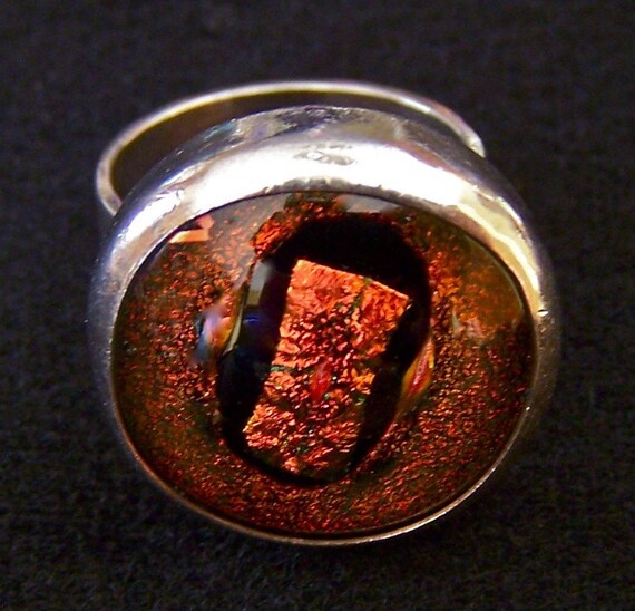 Dichroic Sterling Ring - Copper Rust Fused Glass Set in Silver Bezel ...