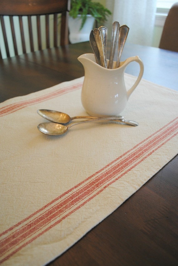 farmhouse table runner cream red stripe small
