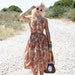 VTG 50s Brown & Orange Brushstroke Dress w/ Full Skirt XS