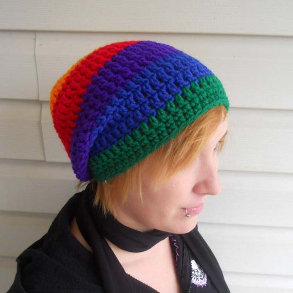 Rainbow Striped Slouch Beanie Made to Order Crochet Hats