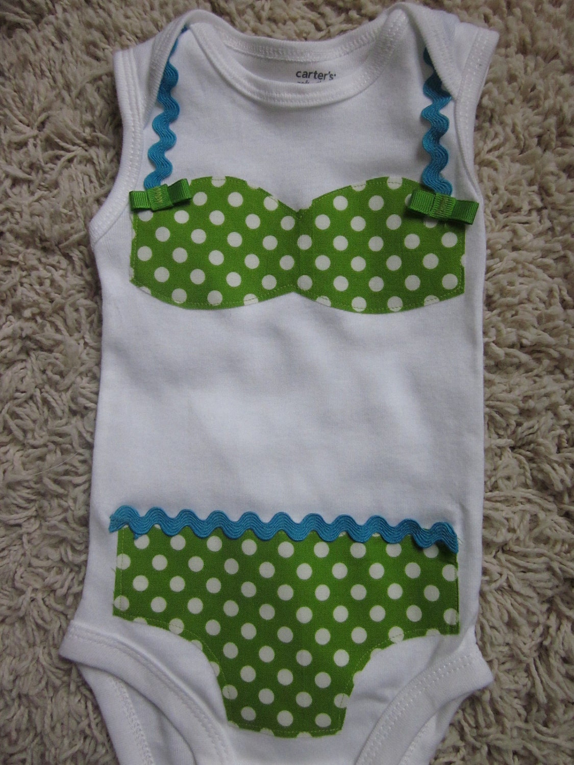 Bikini applique onesie classic green polka dot and aquamarine