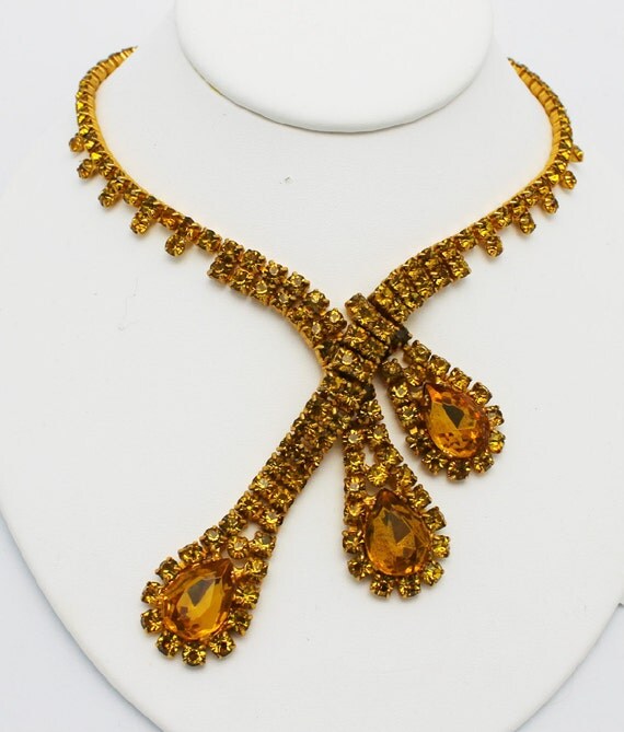 Vintage Swag Necklace Topaz Rhinestone by HeirloomBandB on Etsy