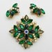 Vintage Brooch Earrings Emerald Green and AB Stones