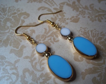 Blue and White German Vintage Earrings - Antique German Earrings 1950's - 24K Gold Earrings