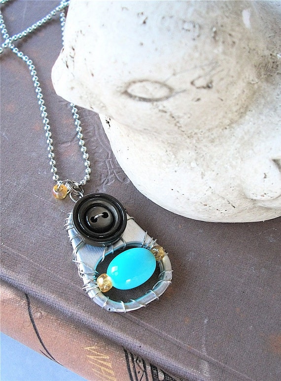 Handwired Pull Tab Pendant Necklace Birds Egg turquoise/