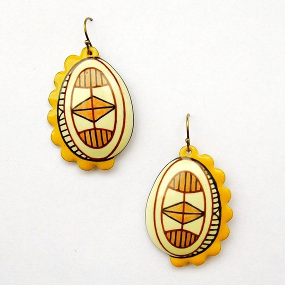 Enamel Hook Earrings Pysanky Egg Jewellery - Pine Yellow