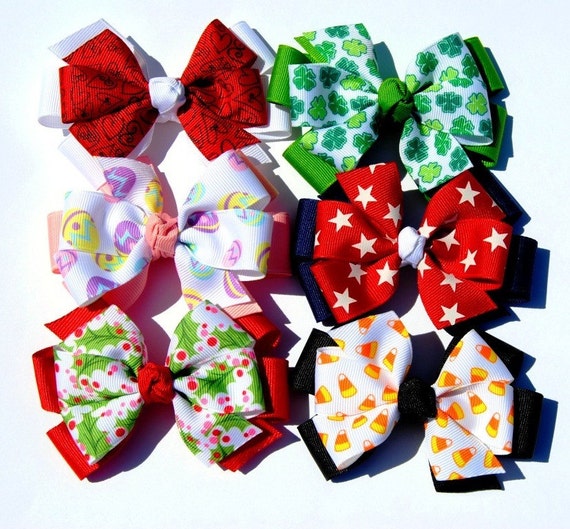 Items similar to Holiday Hair Bows Collection of 6 Layered Bows on Etsy