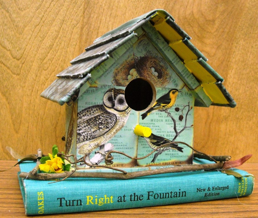 Cute Little Turquoise Bird Themed Book Birdhouse made with