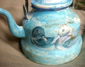 Enamel tea kettle, decoupage picture, ducks french vintage teapot, blue rustic primitive teapot.