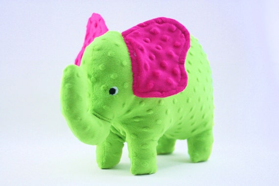 Stuffed Elephant Toy Hot Pink and Green Minky by TheWoodenQuail