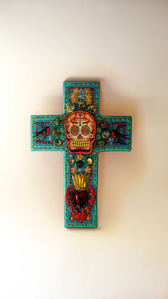 Large wooden Day of the Dead cross with skull bluebirds and