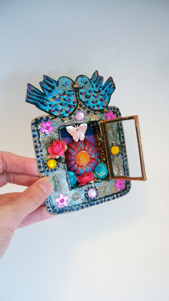 CLEARANCE Baby blue birds mexican tin nicho shadow box