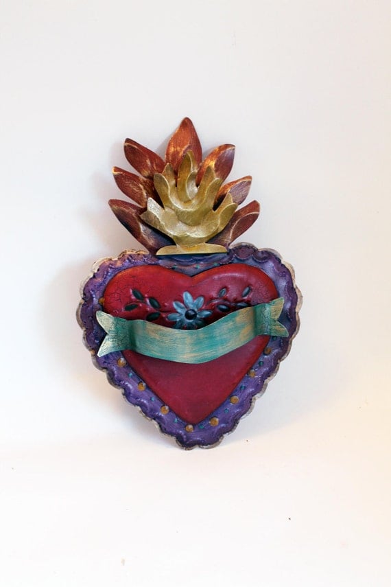 Vintage Tin sacred heart Mexican wall art multicolored