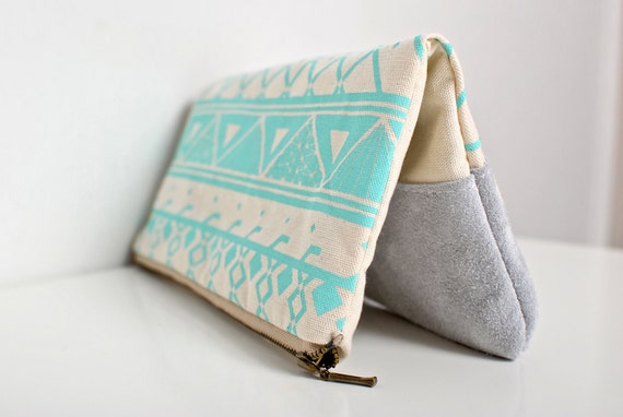 Items similar to Triangle Printed Leather-Suede Pouch Aqua No. ZP-602