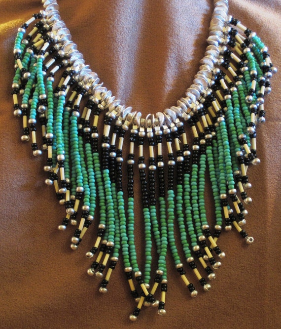 Native American style beaded fringed necklace in turquoise
