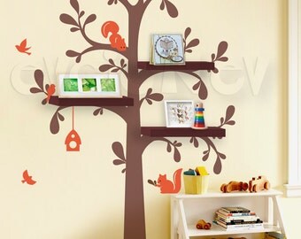 Floating Shelves Tree Wall Decal with Birds and Squirrels -Nursery Wall Decals - INSTANT SHIPPING - TRFS010