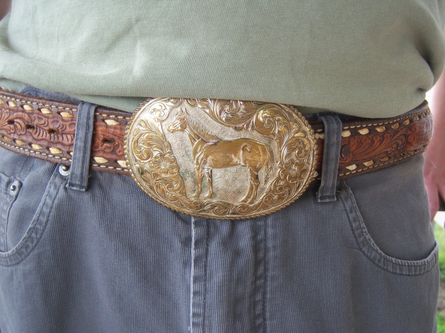 Vintage Hand Tooled Buck Stitched Belt