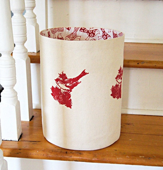Large Organic Cotton Canvas Storage Basket with birds print
