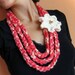 Red and cream Fiber Crochet Necklace with Cream Flower with Pearls..Christmas Sale
