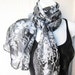 Black, White, Gray Silk Chiffon Scarf...Tissu...Extra Large Scarf .Japanese traditional Flowers for Woman or Teen