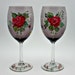 Amethyst Ombre Mauve colored bowl - Hand painted Pair of Crystal Wine Glasses - Textured Deep Red Roses - Complimenting Base Design
