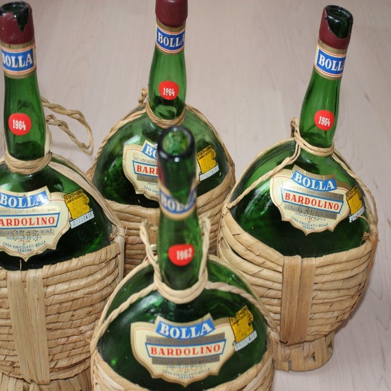 Vintage Wicker Wrapped Bolla Italian Wine BottlesFour