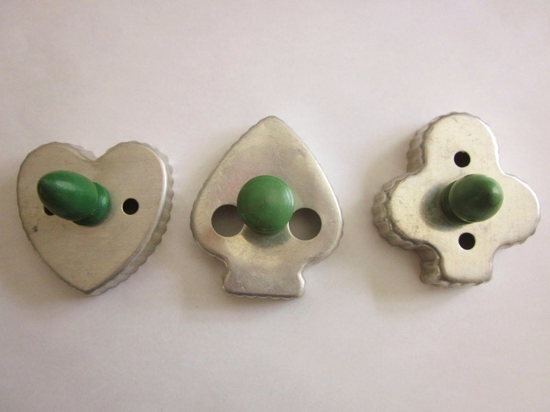 Vintage Cookie Cutters Green Wood Handles Heart Club Spade