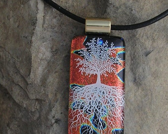 Red and Black Tree of Life Necklace Dichroic Glass Tree Pendant