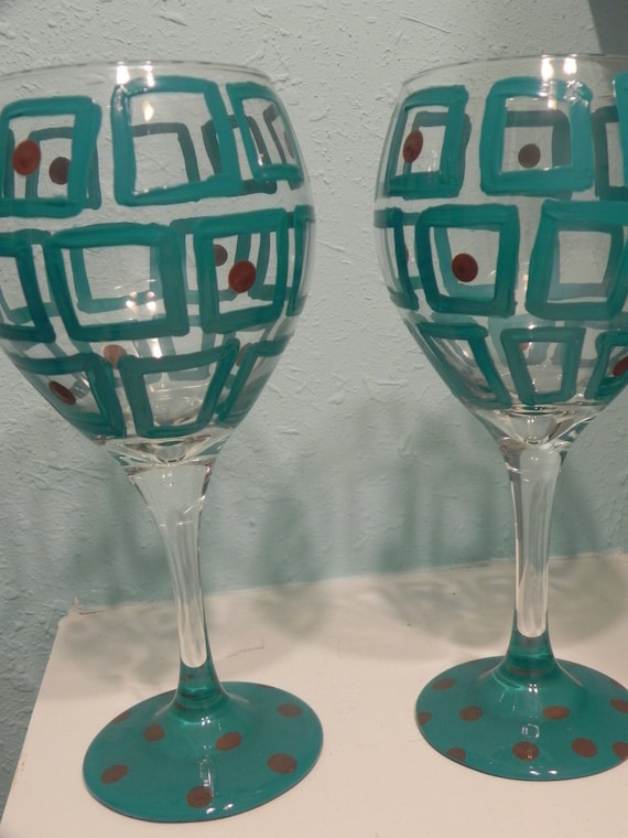 Abstract Square Design- Painted Wine Glass