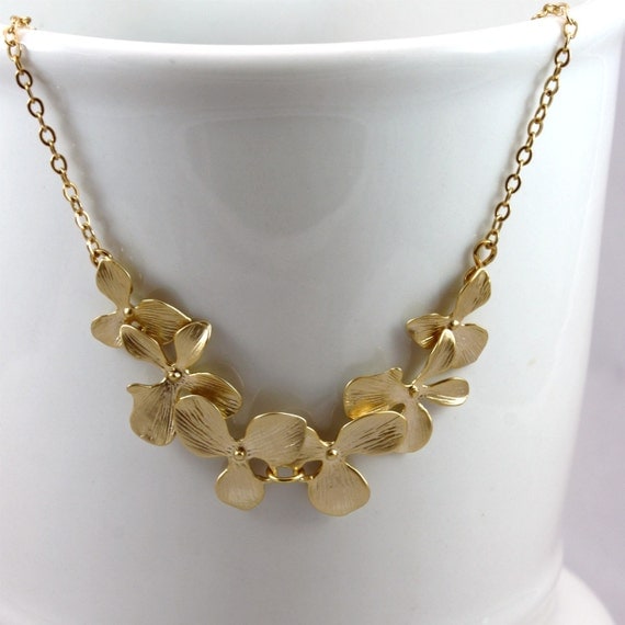 Orchid flower Necklace in gold with 6 flowers prom by GojoDesign