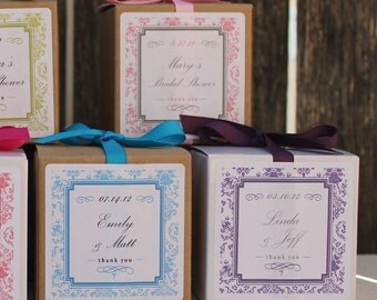 12 - Wedding Favor Boxes // Damask Design Personalized Favor Boxes - ANY COLOR - party favors, baby shower favors, bridal shower favors