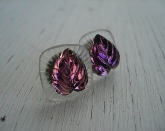 Vintage Antique Lalique Frosted and Foiled Amethyst Luminous Glass Leaves Cabochons Stud Pierced Earrings