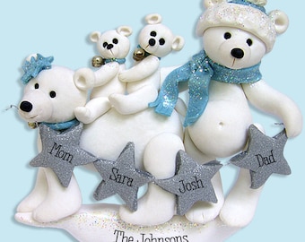 Polar Bear Family of 4 Handmade Polymer Clay Personalized Christmas Family Ornament