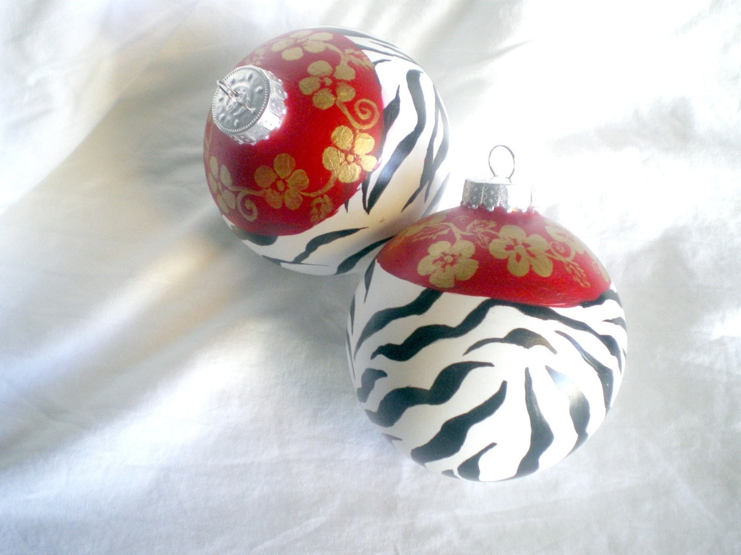 Zebra ornament christmas ornaments round print metal Two zebra print christmas ornaments