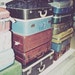 Vintage Suitcases - Retro Multicolor Suitcases Photography (5x5 square photo) - Travel Road Trip Retro Burgundy Blue Suitcases Decor