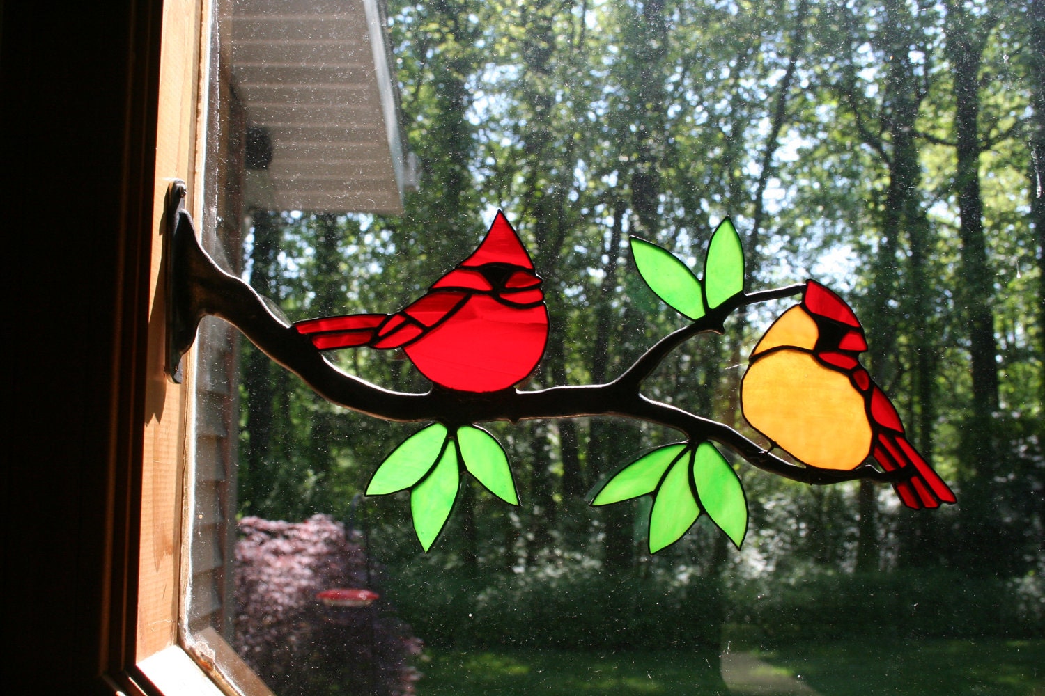 Pair of Stained Glass Cardinals on Pewter Branch by Imakeglass