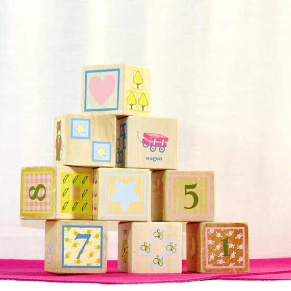Vintage Pastel Wooden Square Alphabet Building Blocks Treasury