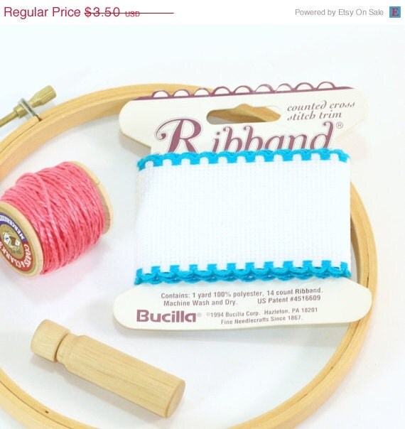 Ribband cross stitch ribbon in white with turquoise blue