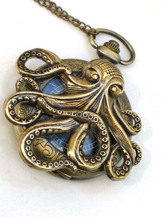 Steampunk - OCTOPUS Pocket Watch - Mechanical - Antique Brass - Necklace - Nautical - Neo Victorian - By GlazedBlackCherry-
