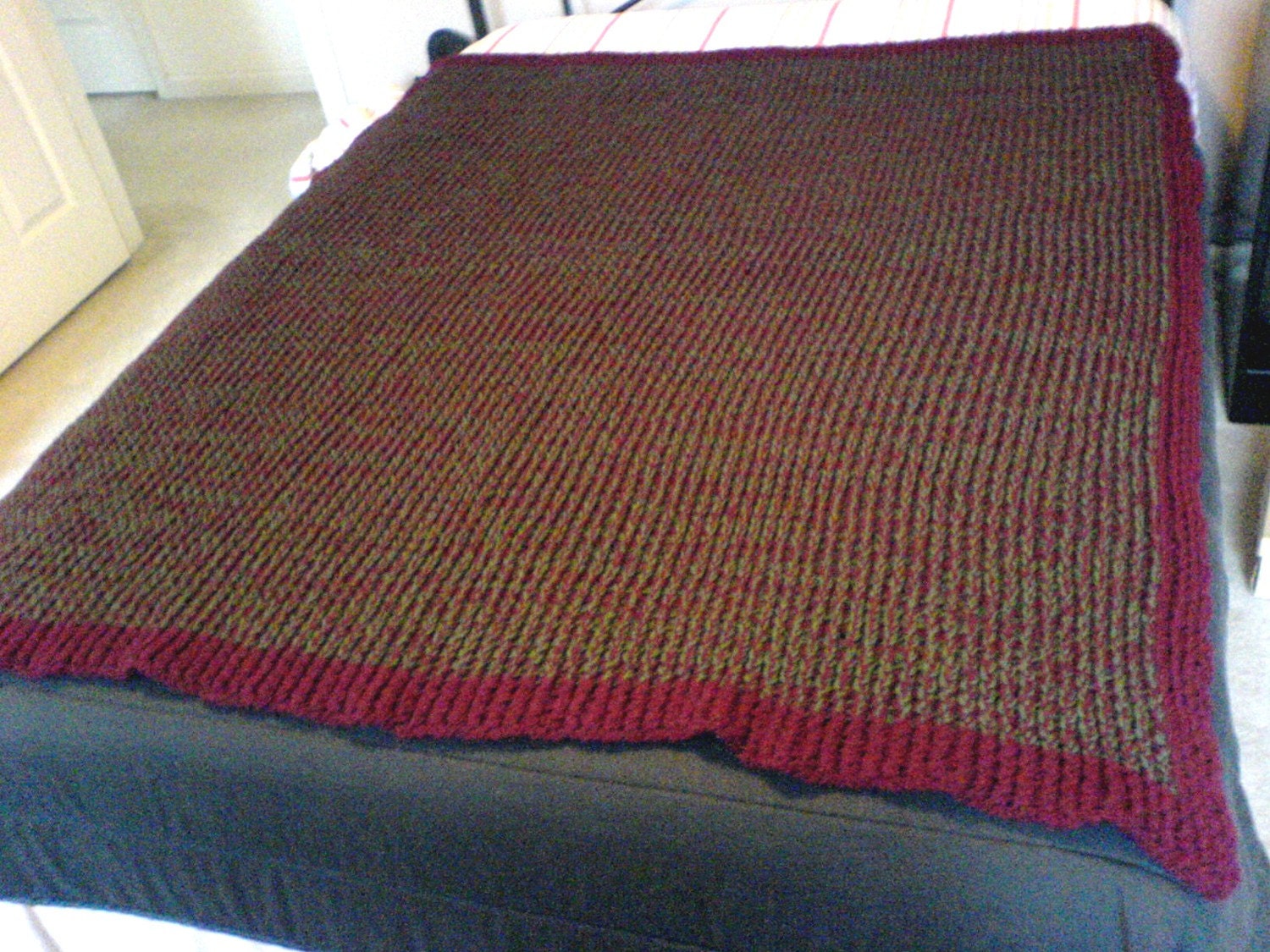 Loom Hand knit Afghan Throw Claret and Dark Thyme by WARMERMAKER