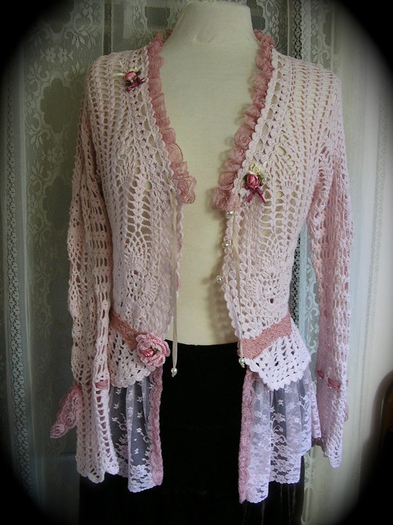 Pink Crocheted Sweater shabby n chic altered by TatteredDelicates
