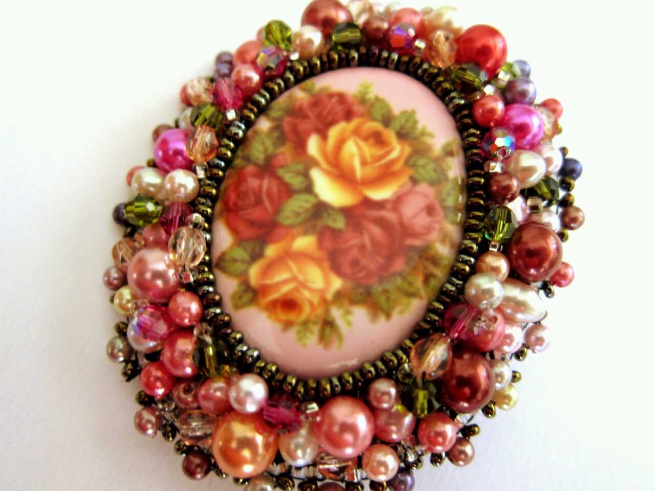 Beaded Floral Cameo Brooch RESERVED FOR KAREN