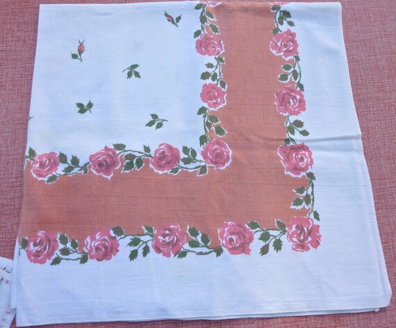 Vintage Printed Tablecloth Pink Roses with Dusty Rose Border