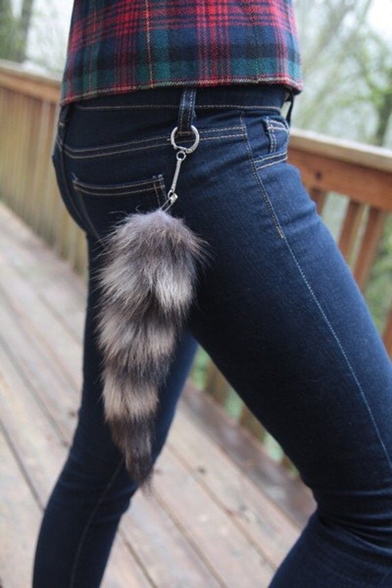 Real soft RACCOON TAIL keychain Purse Accessory Belt loop Clip