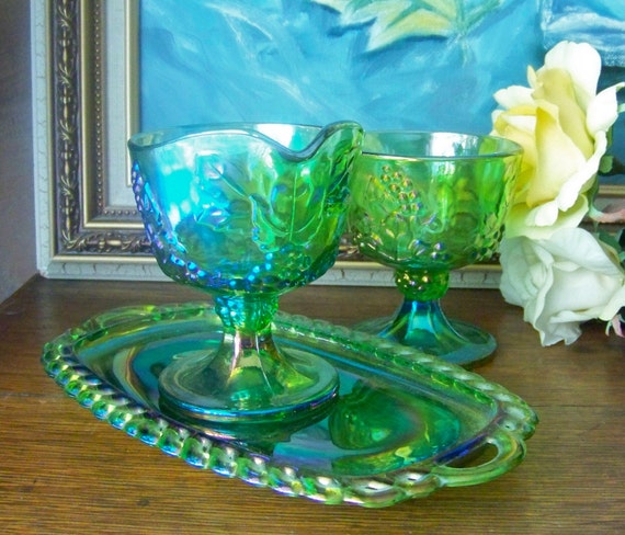 Lime Green Carnival Glass Cream And Sugar Set Reserved