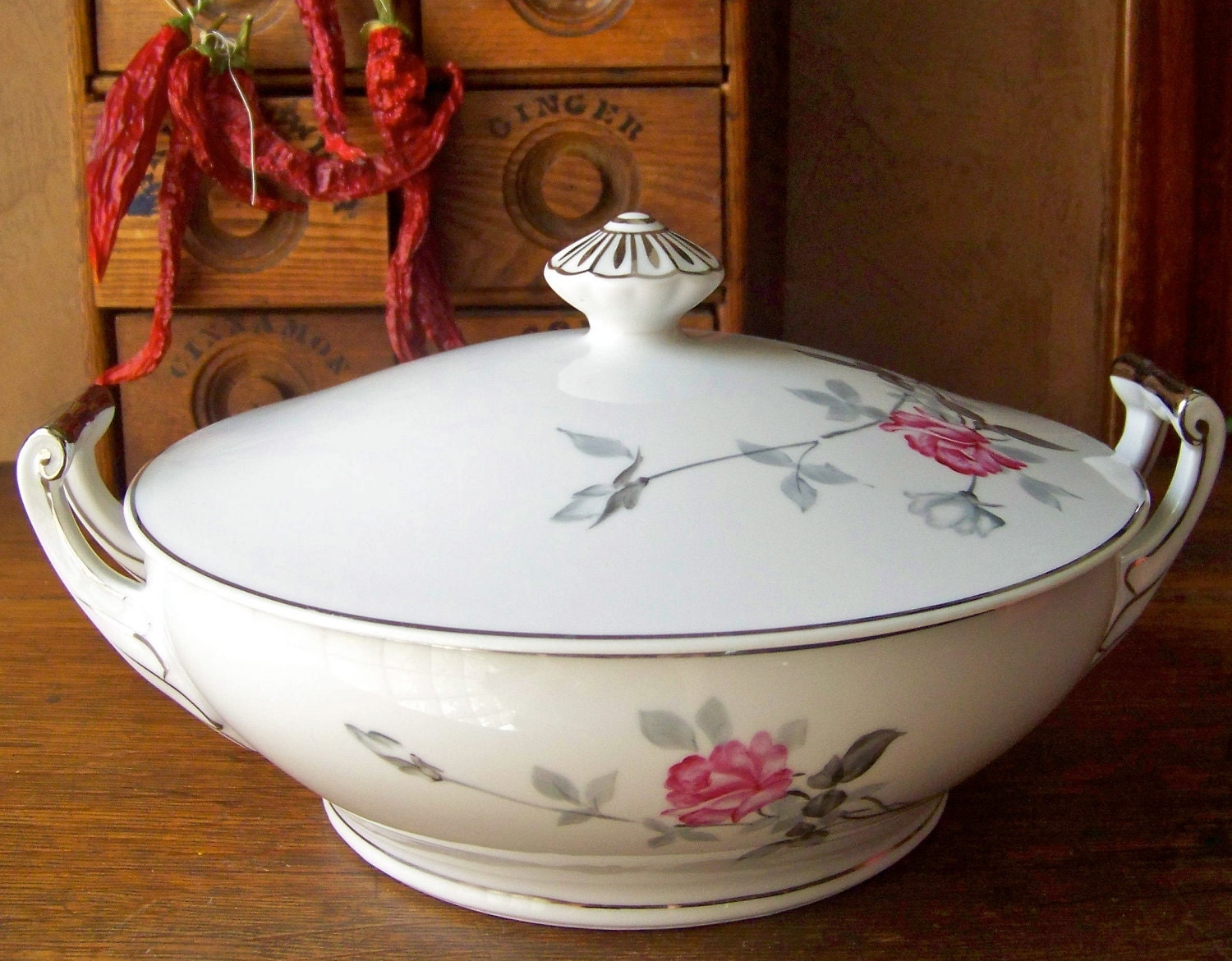 Vintage Serving Tureen Pink Rose Silver Plate Handles Vegetable Tureen