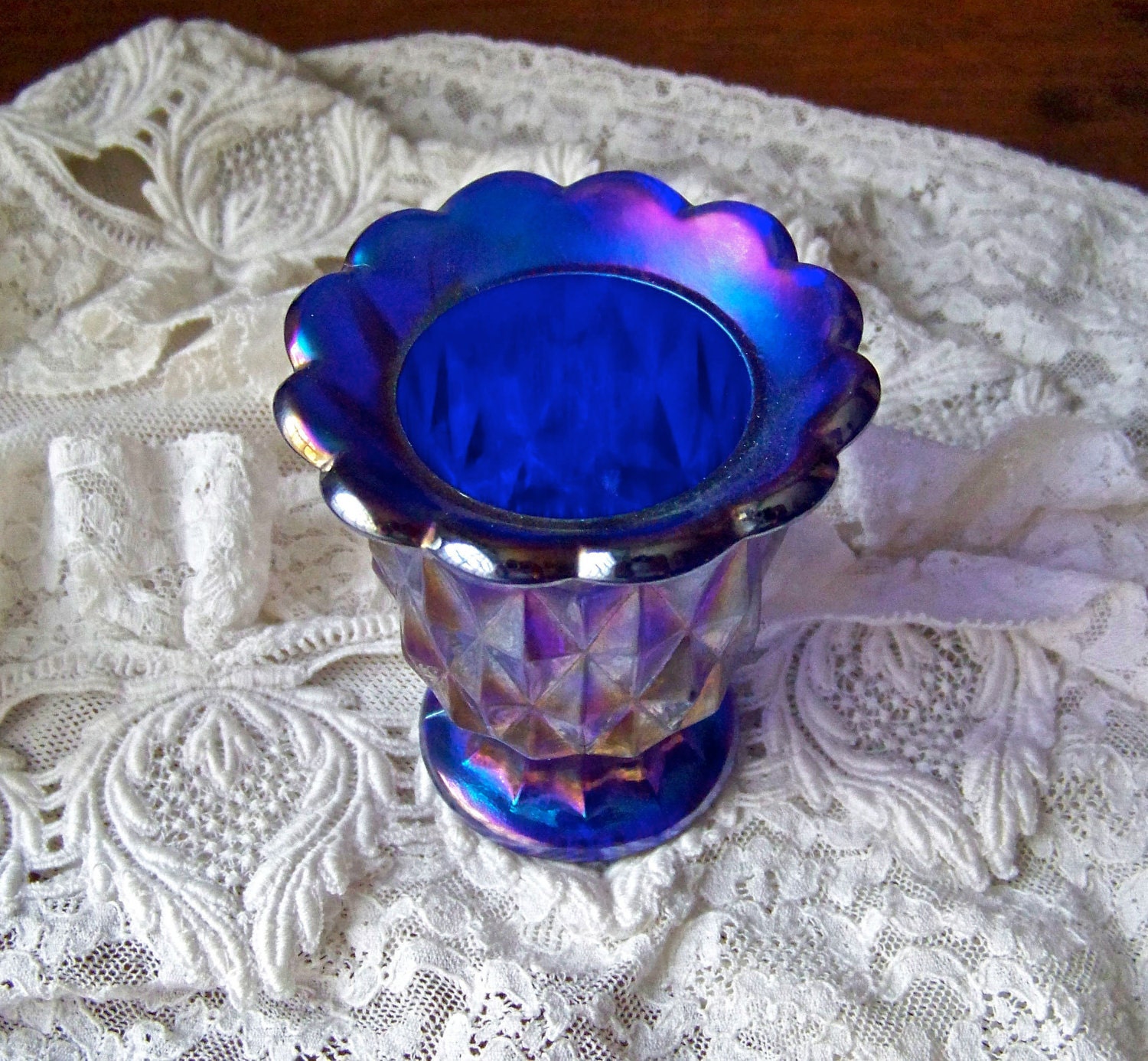 Vintage Carnival Glass Toothpick Holder Deep Purple Blue