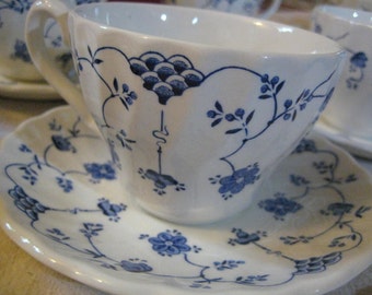 Set of 2 Blue and White Teacups and Saucers