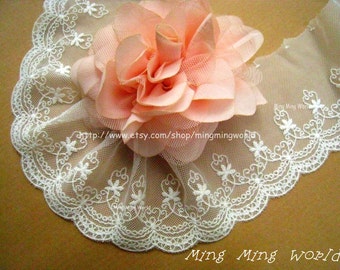 Cotton Embroidered Lace Trim -2 Yards Ivory Flower Lace(L349)