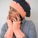 Pom-Pom Set Beret Hat and Fingerless Gloves Super Soft Trendy Dark Blue and Neon Peach Hand Knit Set Hat and Gloves NEW COLLECTION